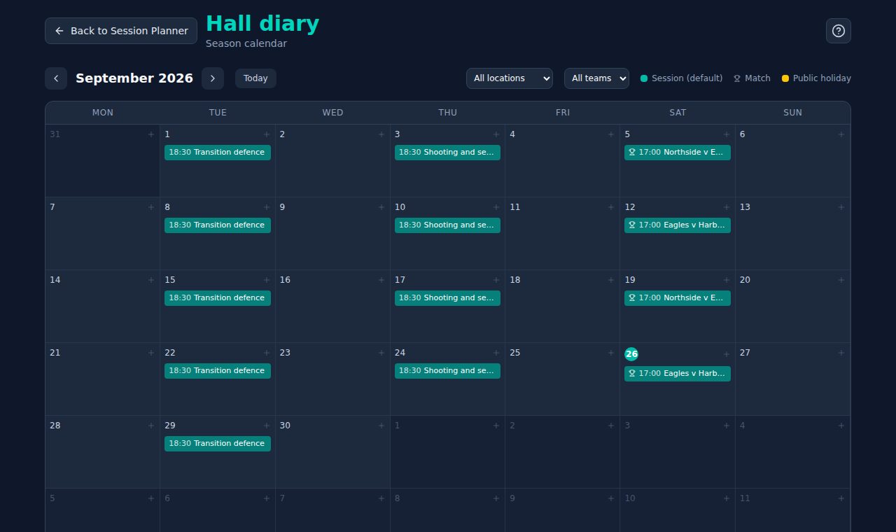 A month of the season calendar with training on Tuesdays and Thursdays and matches on Saturdays