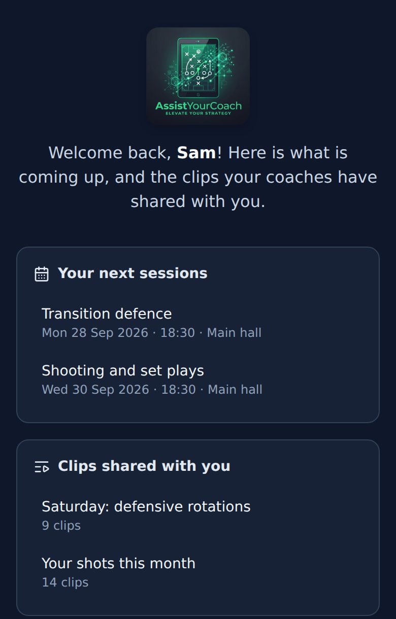 A player's home screen on a phone: their next two training sessions and two playlists shared by their coach