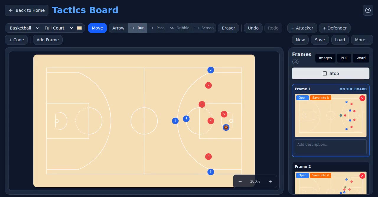 A basketball play set up on the Tactics Board