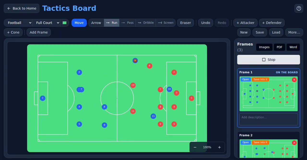 A football play set up on the Tactics Board