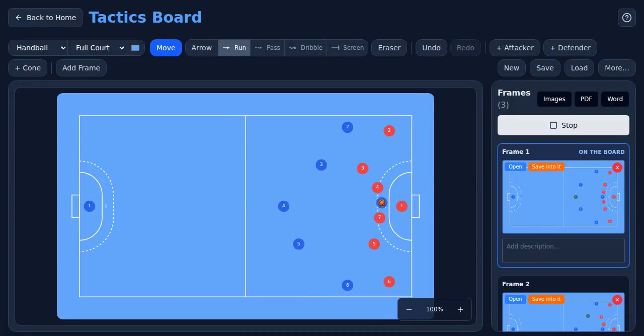 A handball play set up on the Tactics Board