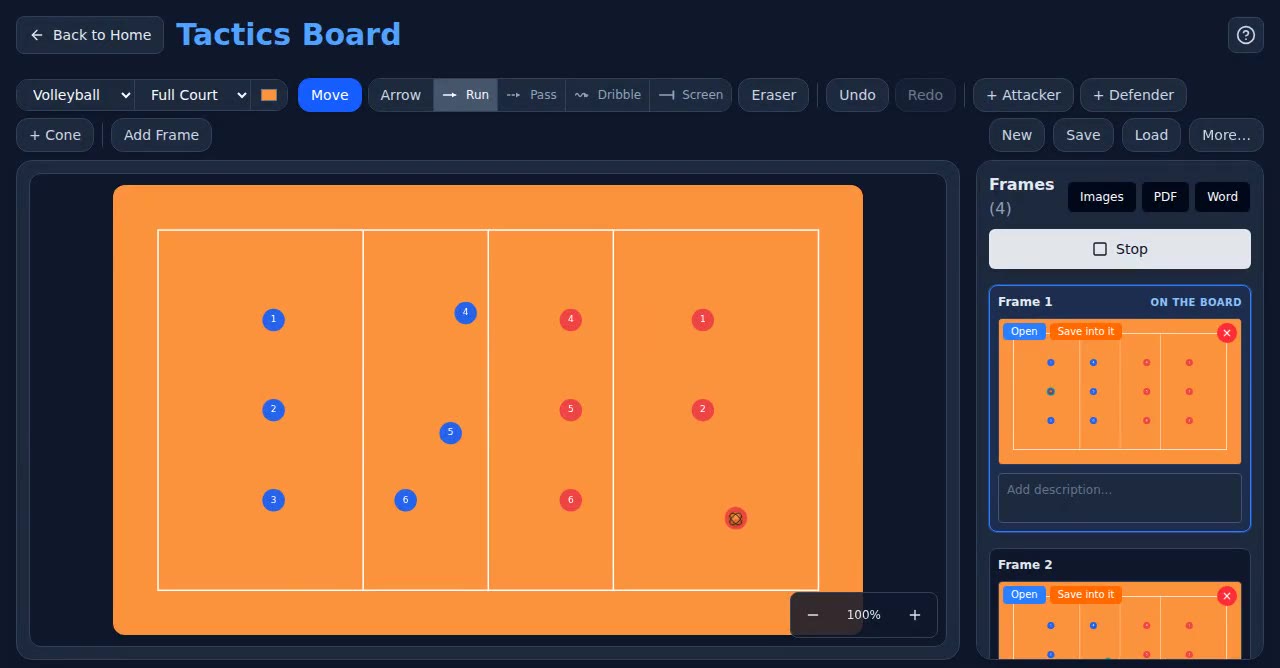A volleyball play set up on the Tactics Board